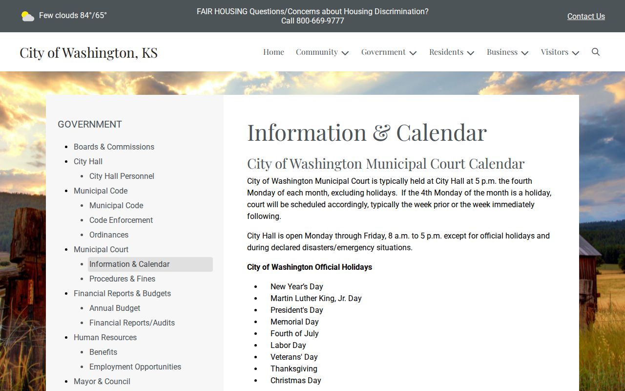 Washington County court dates Washington municipal calendar